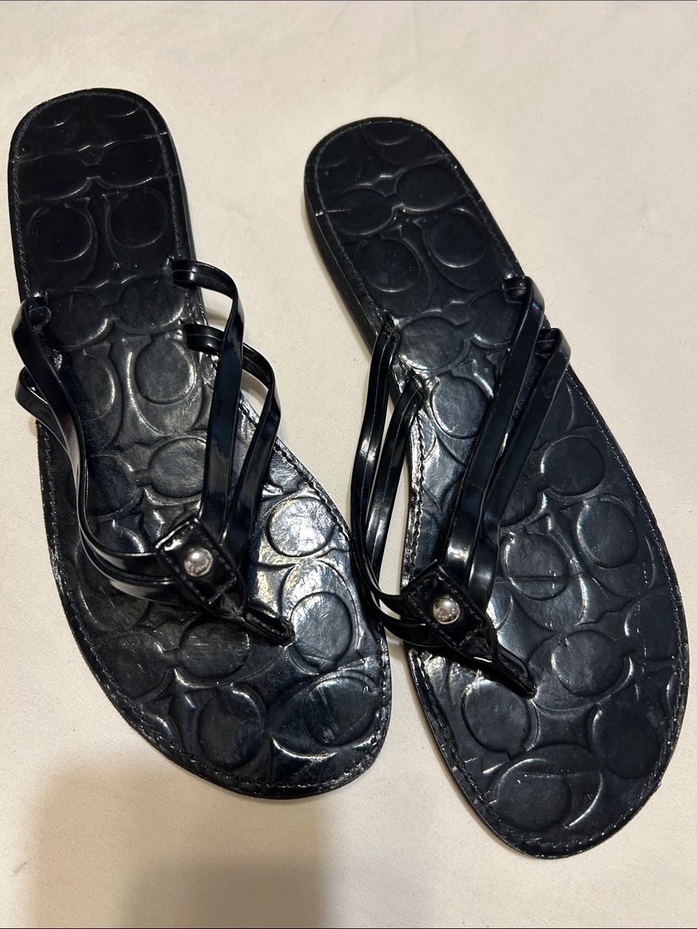 Coach Black Jelly Thong Sandals with Signature Embossing
